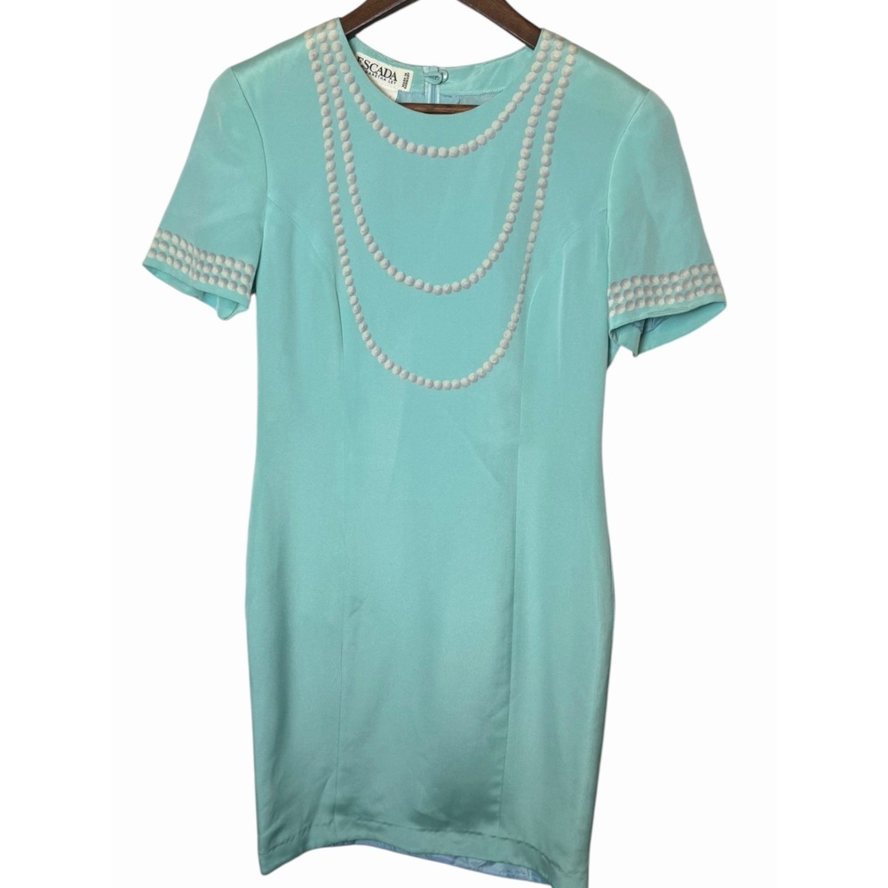 Escada Margaretha Ley Silk Sheath Dress Light Blue Pearl Necklace Print Vintage